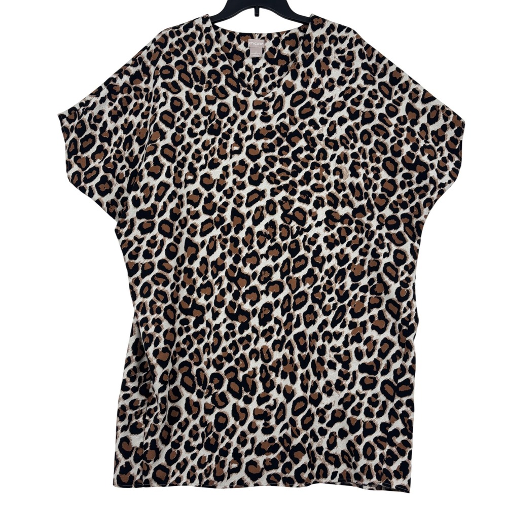 Chico's Blouse Tunic Top Size 12/14 Brown Black Leopard V Neck Short Sleeve